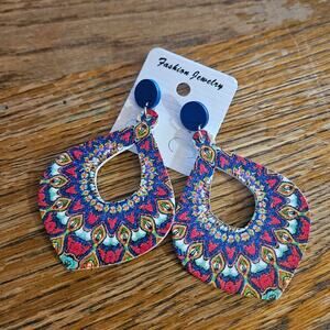 Fashion Jewelry Boutique Boho Mandala Pattern Wooden Teardrop Earrings